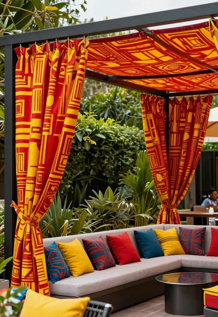 17 Romantic Outdoor Pergola Curtain Ideas Resort Style 6. Bold Geometric Prints 0