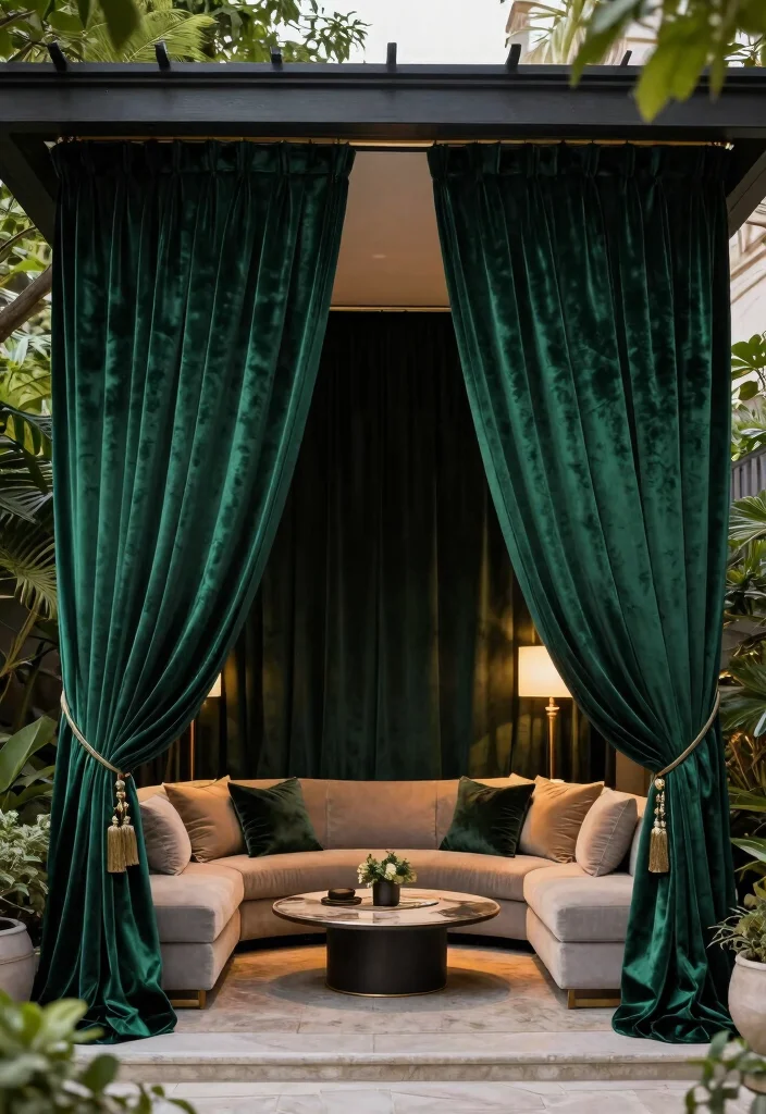 17 Romantic Outdoor Pergola Curtain Ideas Resort Style 7. Elegant Velvet Drapes 0