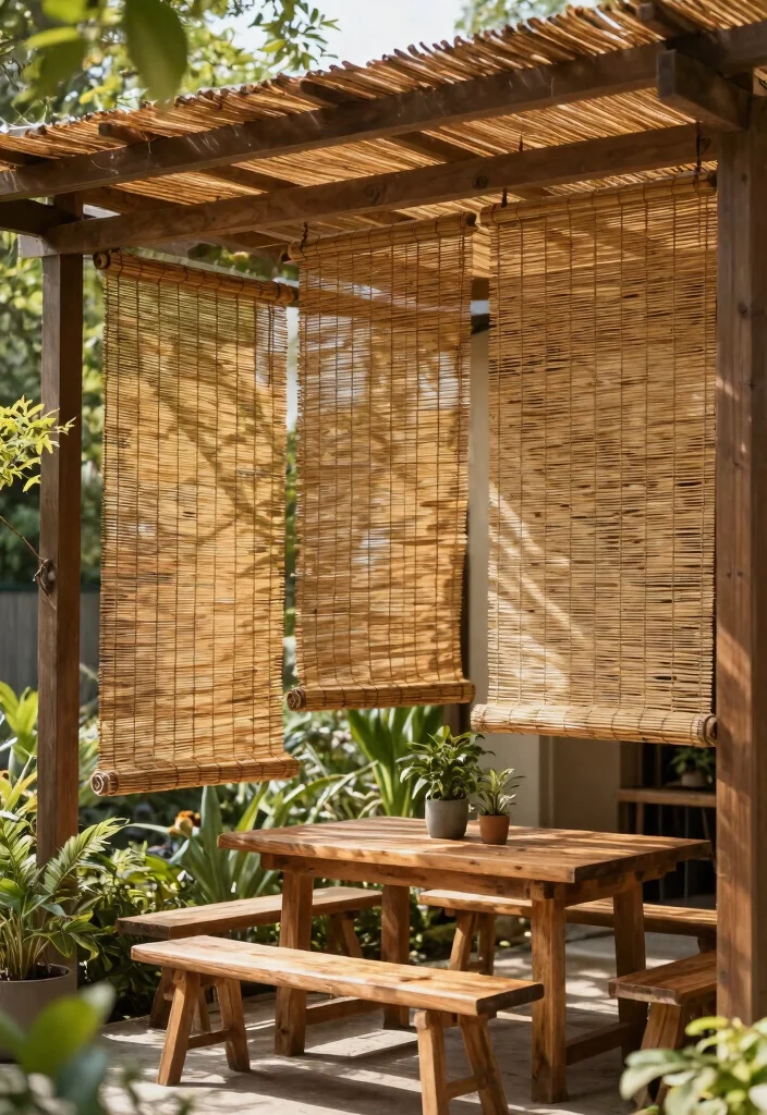17 Romantic Outdoor Pergola Curtain Ideas Resort Style 8. Natural Bamboo Shades 0