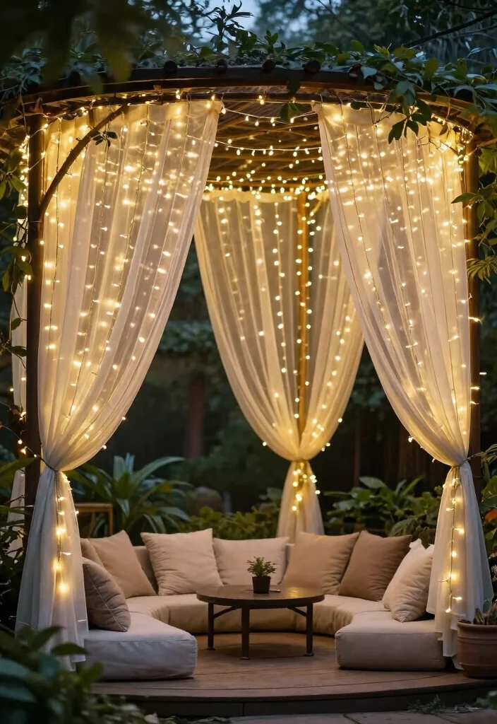 17 Romantic Outdoor Pergola Curtain Ideas Resort Style 9. Romantic Fairy Light Curtains 0
