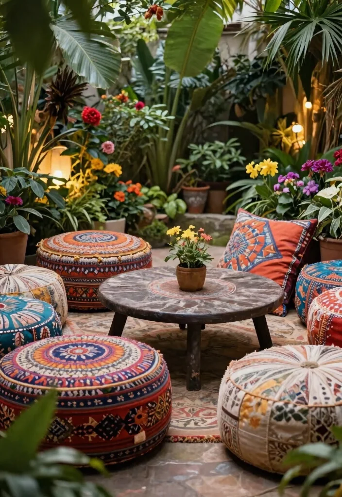 20 Stunning Patio Chair Inspiration Photos to Pin 8. Bohemian Vibes with Poufs 0