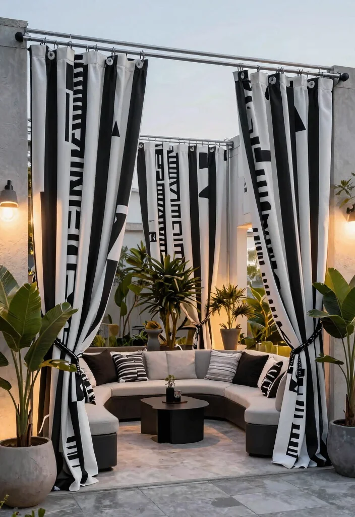21 Dreamy Outdoor Curtain Ideas for Patio Privacy 12 21 Dreamy Outdoor Curtain Ideas for Patio Privacy 12. Geometric Curtains for a Contemporary Twist 0