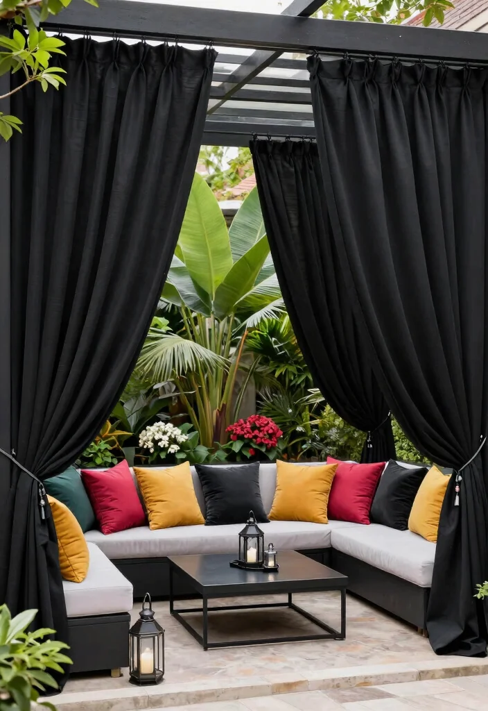 21 Dreamy Outdoor Curtain Ideas for Patio Privacy 17 21 Dreamy Outdoor Curtain Ideas for Patio Privacy 17. Bold Black for a Chic Contrast 0