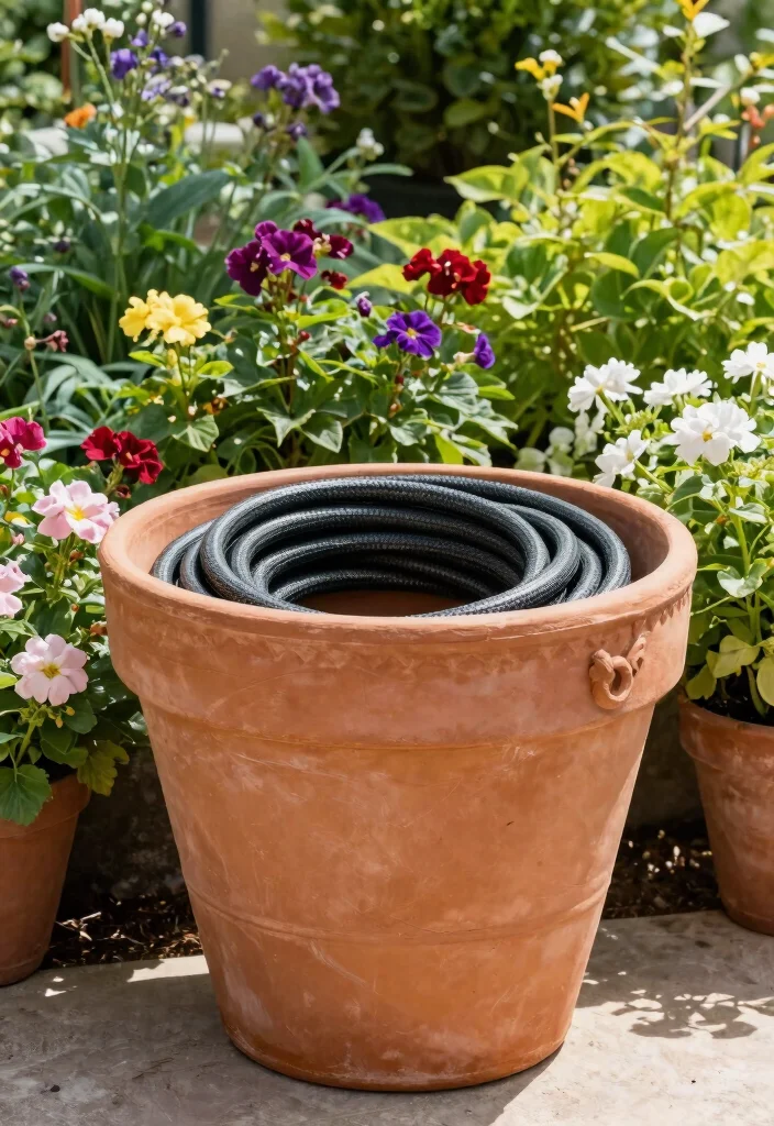 21 Genius Garden Hose Storage Ideas End the Clutter 2. Decorative Hose Pot 0