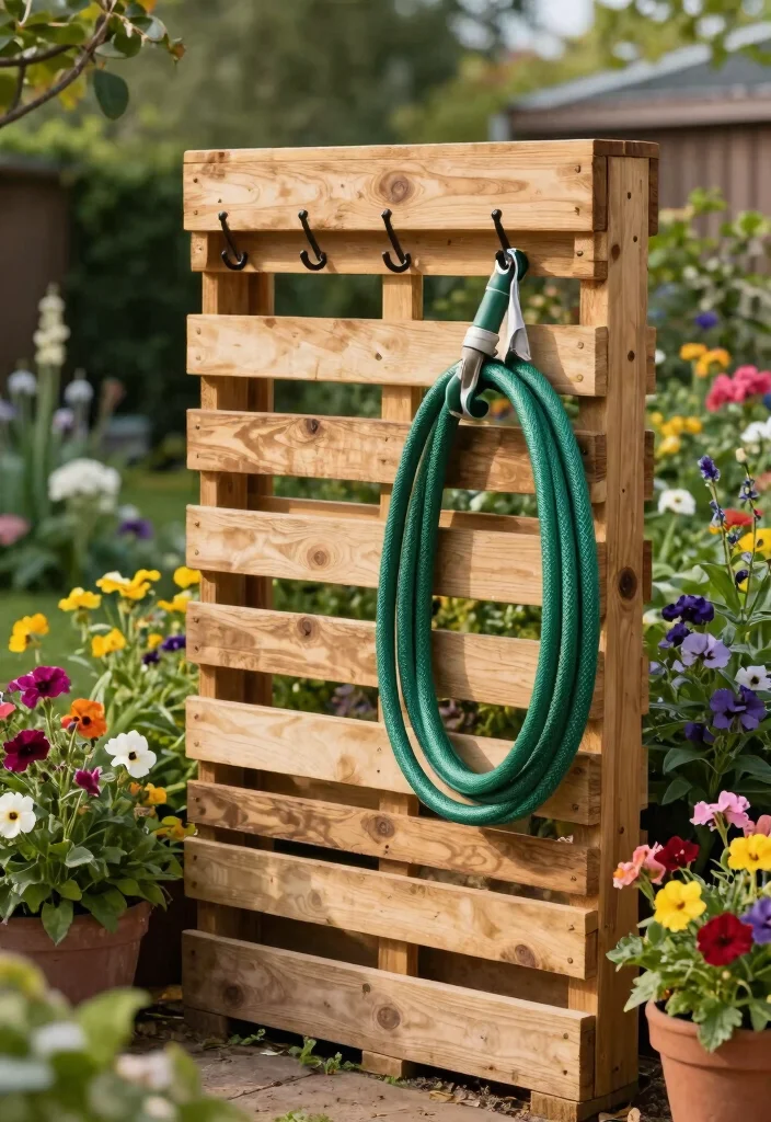 21 Genius Garden Hose Storage Ideas End the Clutter 8. Vertical Pallet Hose Holder 0
