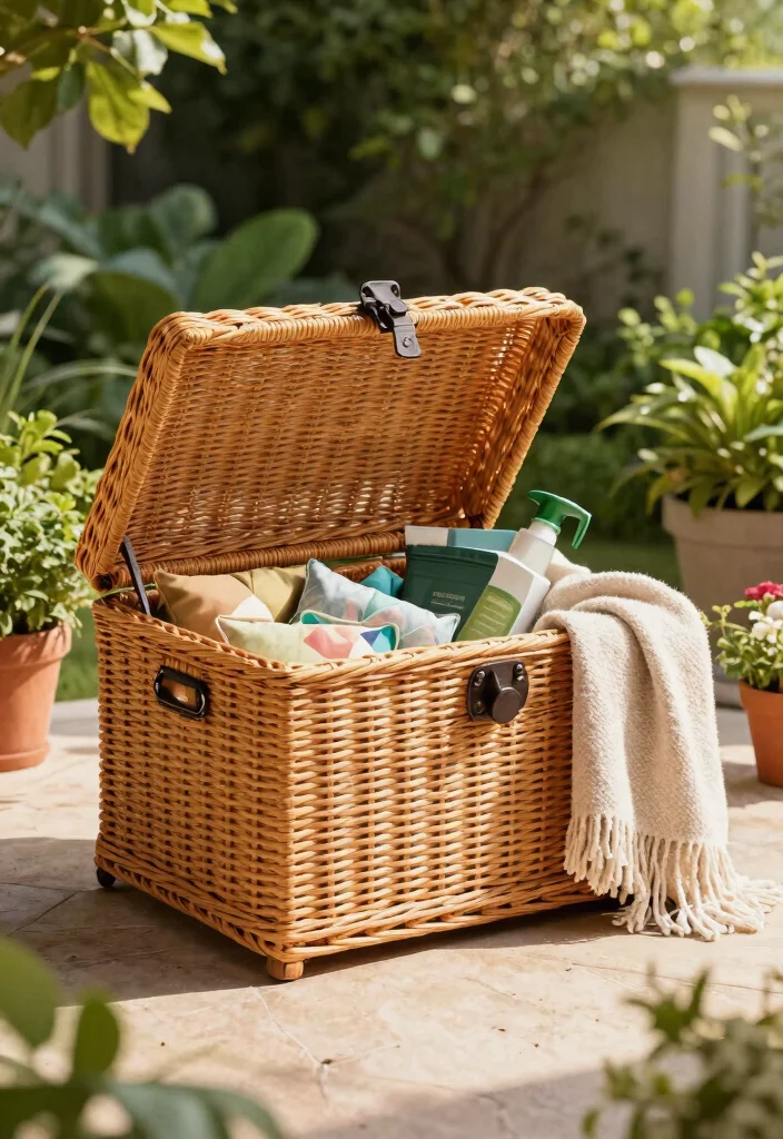 21 Smart Deck Box Ideas for Outdoor Storage Hide Clutter 5. Elegant Wicker Deck Box 0