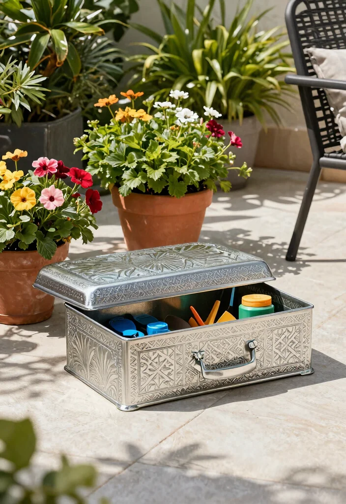 21 Smart Deck Box Ideas for Outdoor Storage Hide Clutter 8. Decorative Metal Deck Box 0