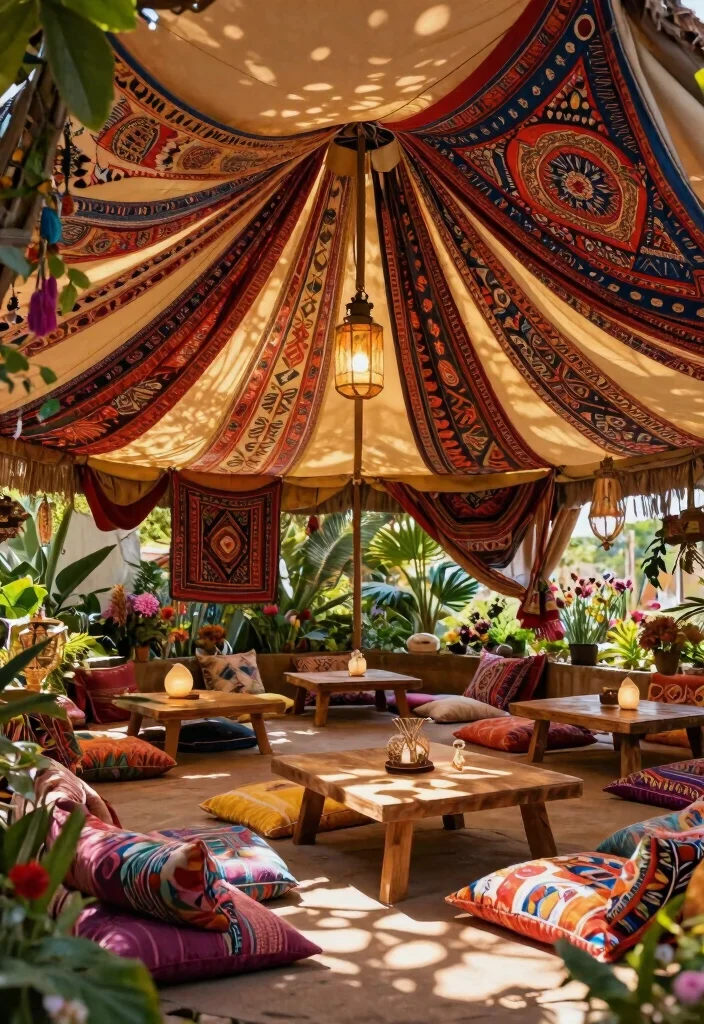 25 Stunning Canopy Tent Ideas for Backyard Events 2. Bohemian Tapestry Delight 0