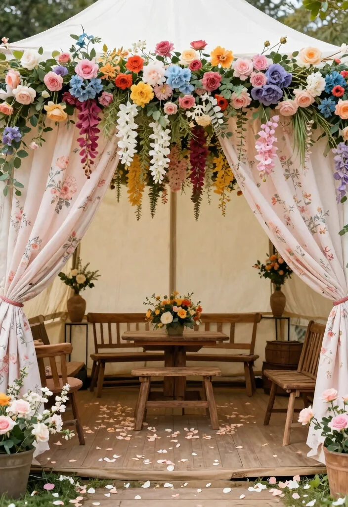 25 Stunning Canopy Tent Ideas for Backyard Events 5. Garden Fantasy with Floral Drapes 0
