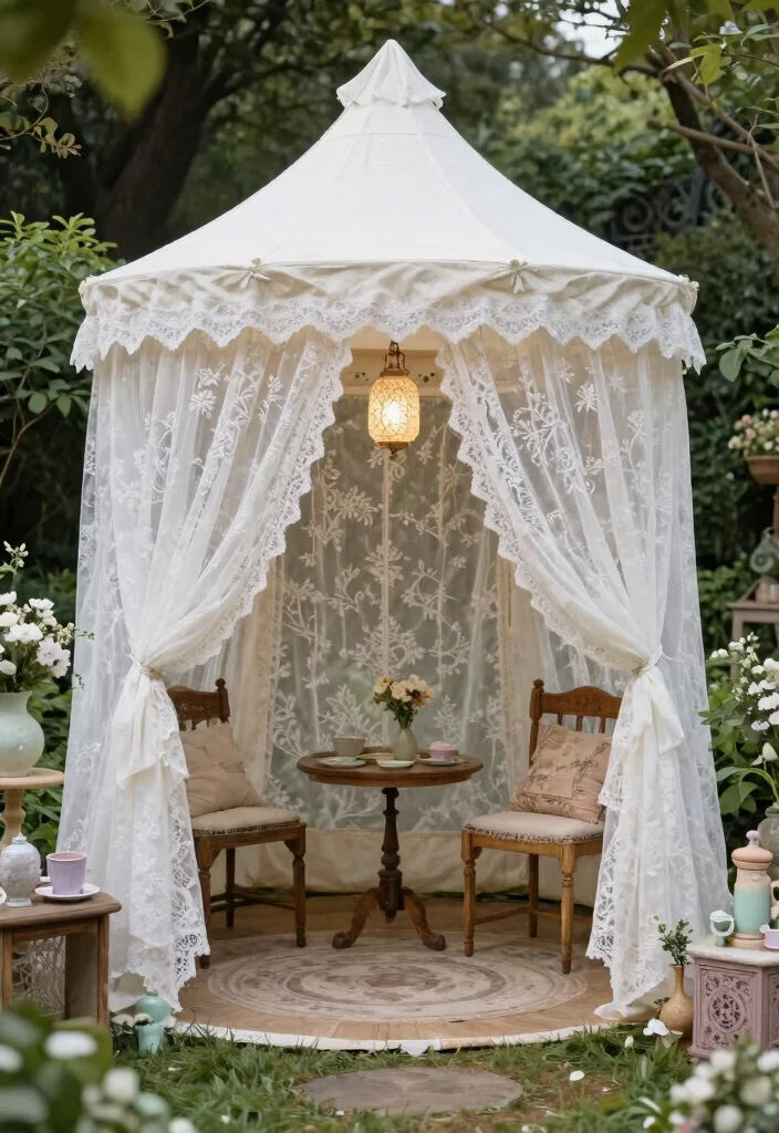 25 Stunning Canopy Tent Ideas for Backyard Events 7. Vintage Elegance with Lace Details 0