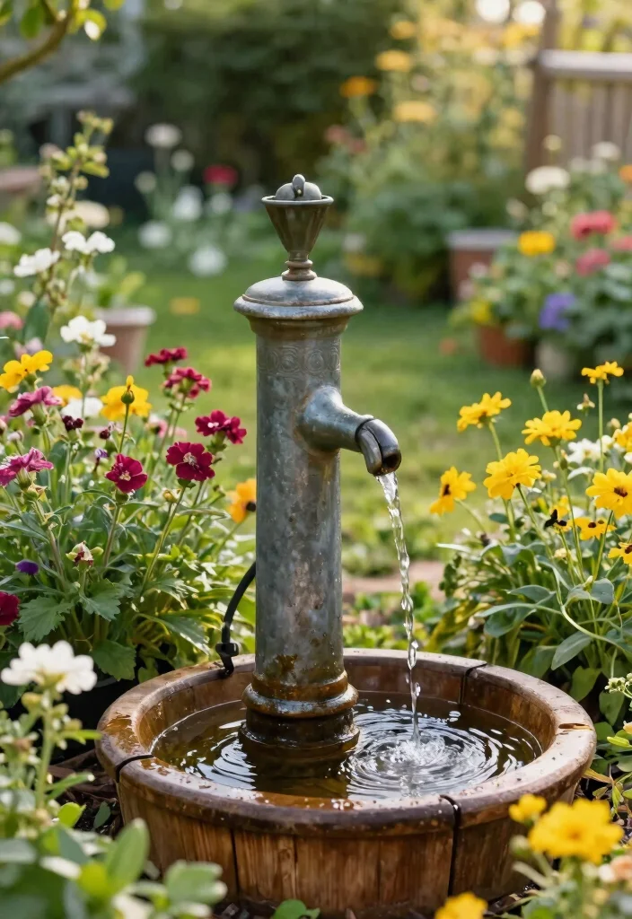 25 Stunning Outdoor Fountain Ideas for a Relaxing Yard 16. Rustic Farmhouse Pump Fountain 0
