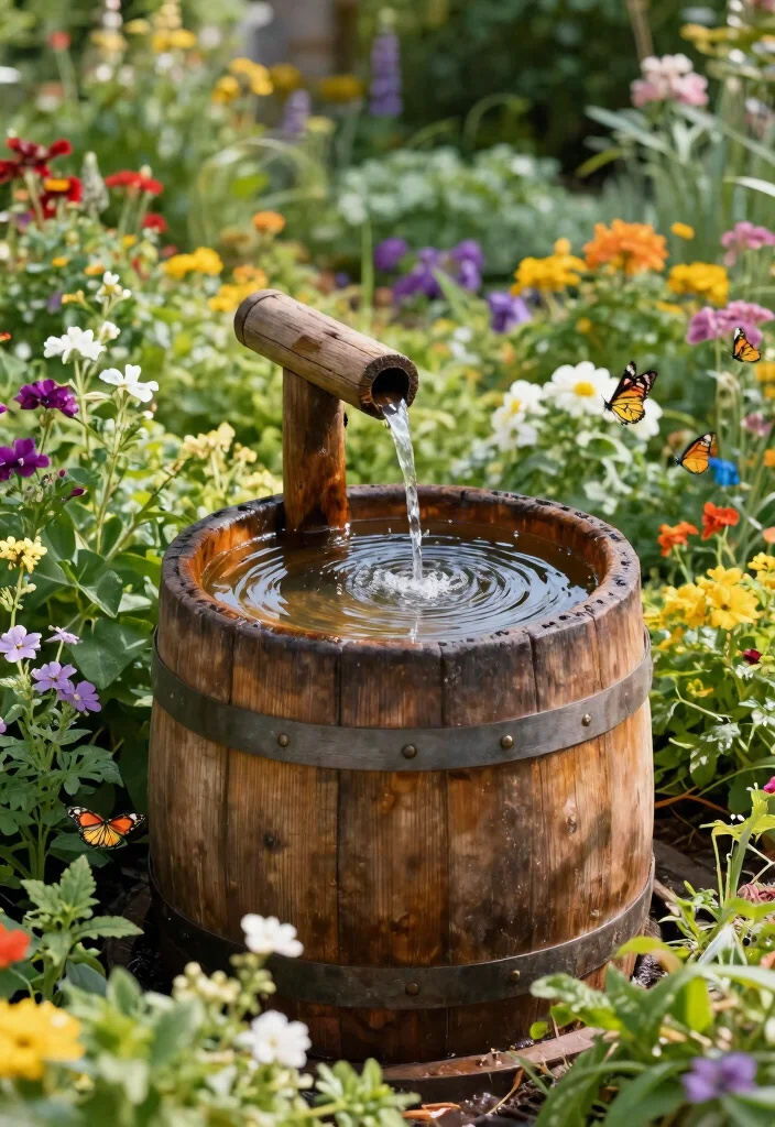 25 Stunning Outdoor Fountain Ideas for a Relaxing Yard 3. Rustic Barrel Fountain 0