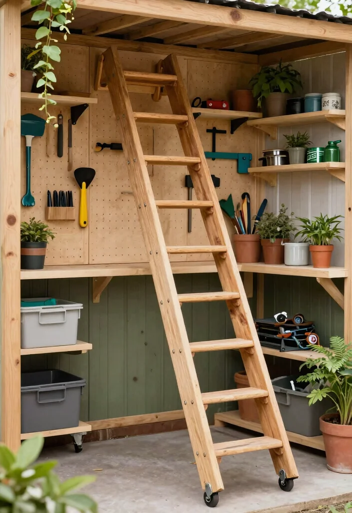 25 Ultimate Tool Shed Ideas for a Perfectly Organized Yard 2. Sliding Ladder Storage 0