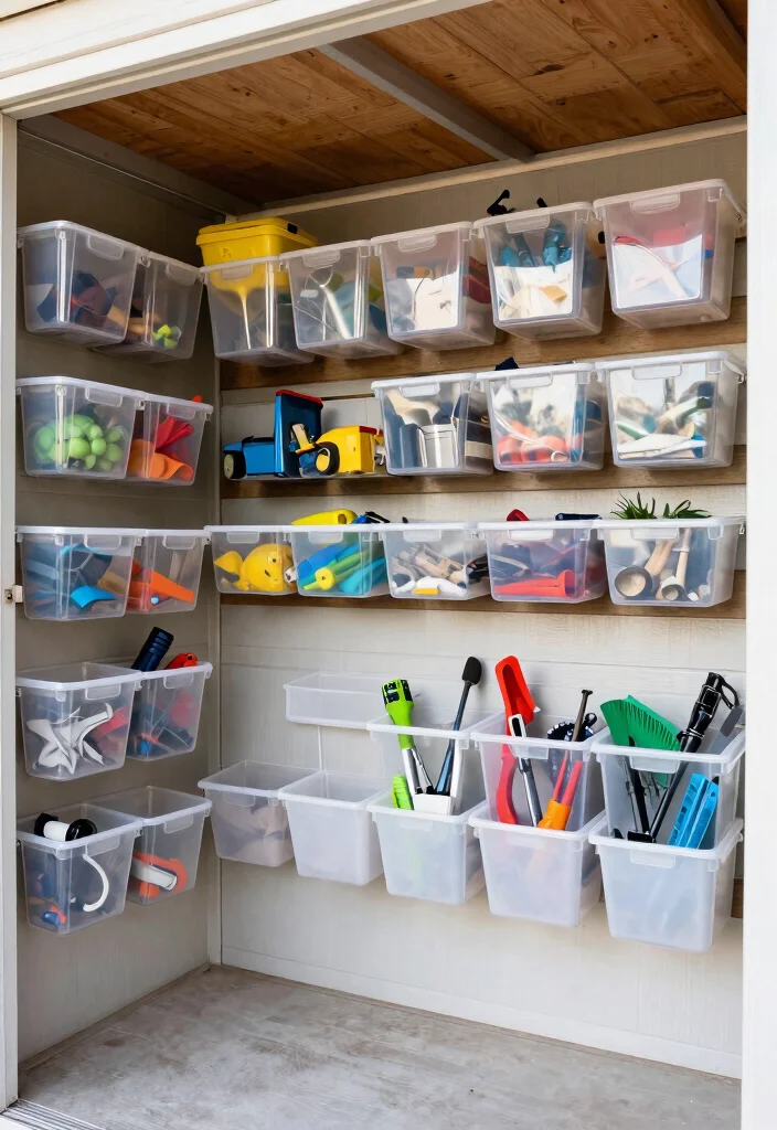 25 Ultimate Tool Shed Ideas for a Perfectly Organized Yard 7. Overhead Storage Bins 0