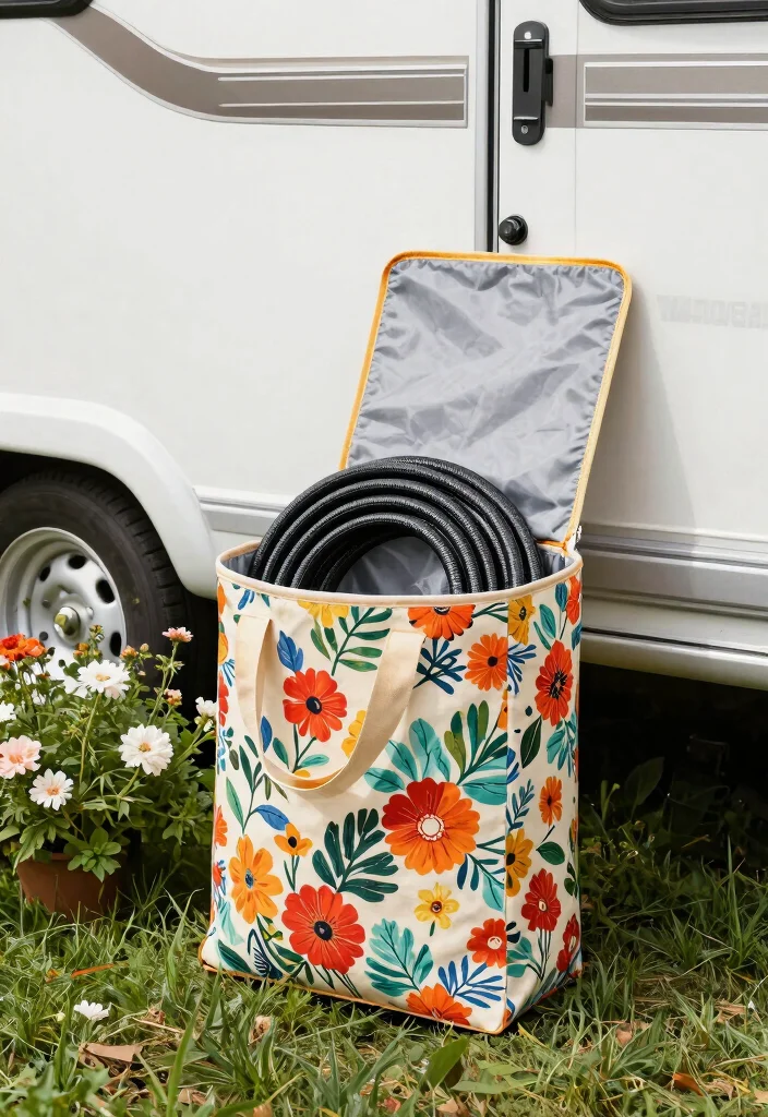 7 Sanitary RV Sewer Hose Storage Ideas Van Life Hacks 3. Stylish Fabric Storage Bag 0