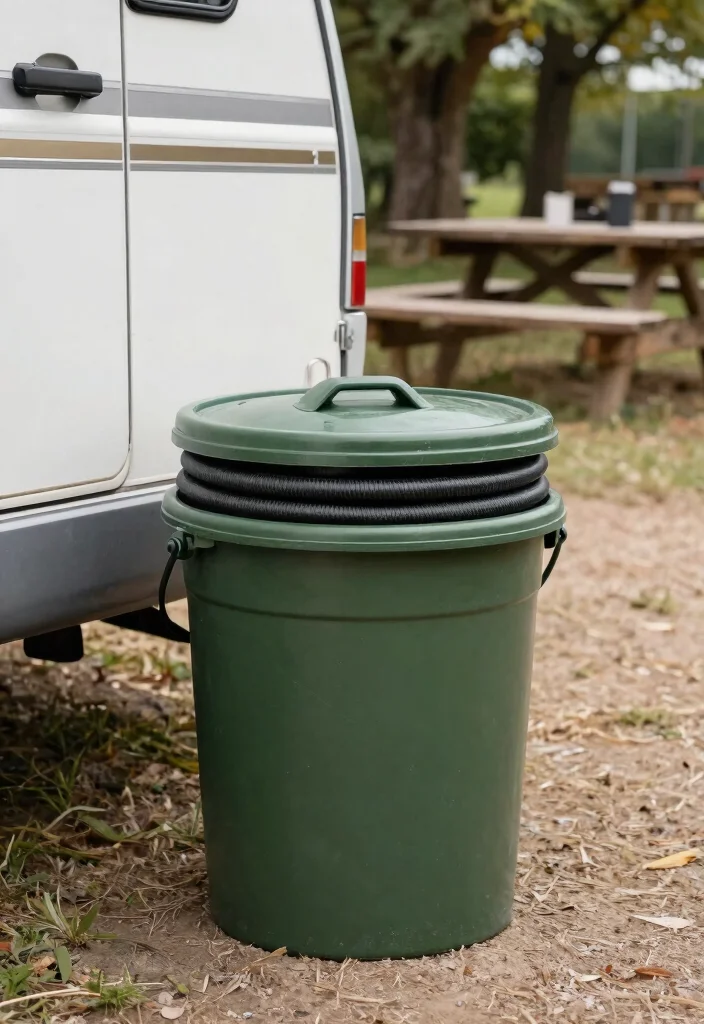 7 Sanitary RV Sewer Hose Storage Ideas Van Life Hacks 7. Eco Friendly Bucket Solution 0