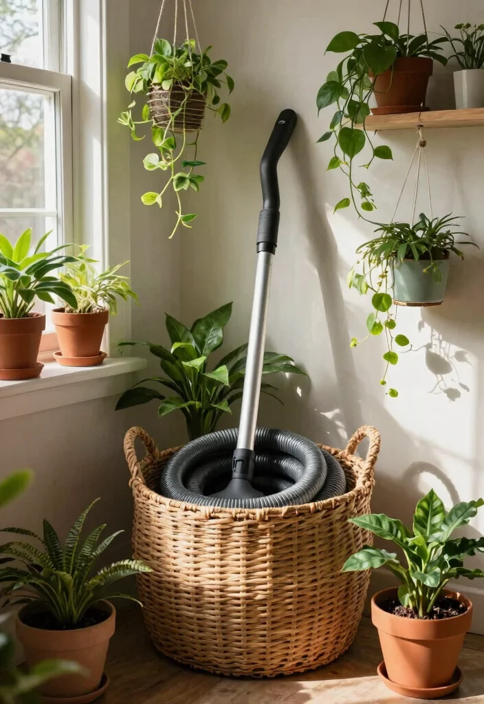 9 Clever Central Vacuum Hose Storage Ideas for Indoor Gardening Spaces 2. Decorative Baskets 0