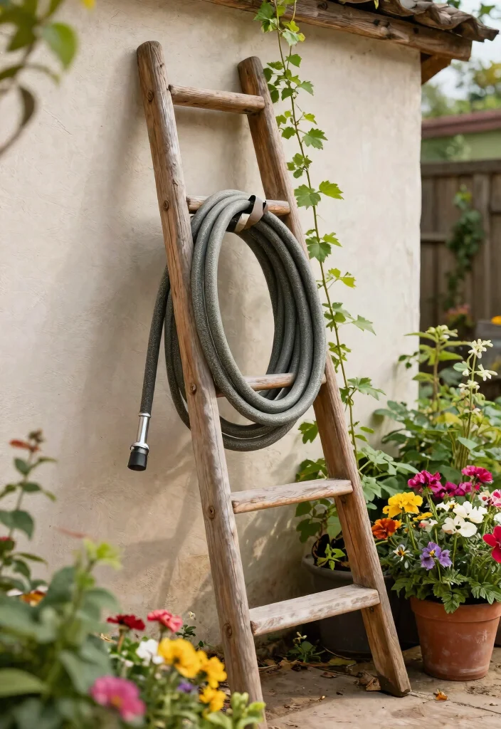9 Neat Expandable Hose Storage Ideas Save Space 7. Repurpose an Old Ladder 0