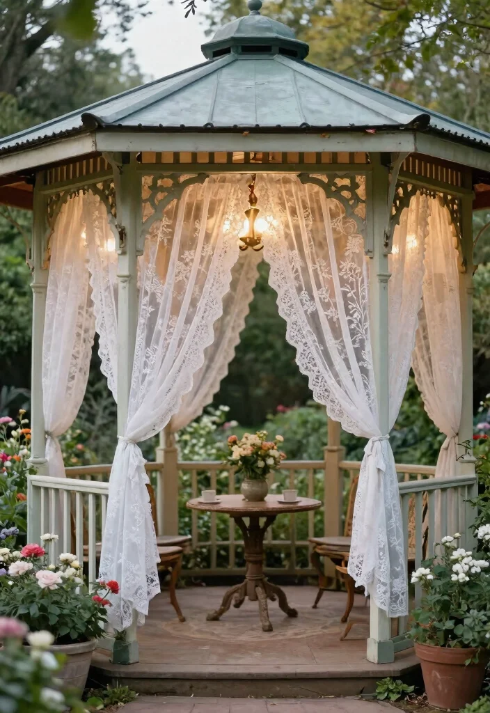 11 Beautiful Outdoor Gazebo Curtain Ideas for Cozy Nights 9 11 Beautiful Outdoor Gazebo Curtain Ideas for Cozy Nights 9. Vintage Lace 0