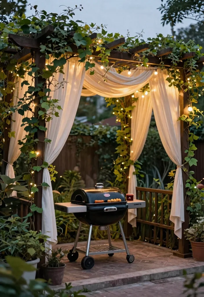 11 Clever Grill Canopy DIY Patio Ideas for BBQ Lovers 7. Pergola with Draped Fabric 0