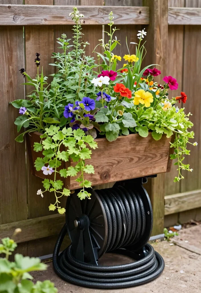 11 Sturdy Hose Reel Mounting Ideas Brick and Wood 8. Vertical Planter with Hose Storage 0