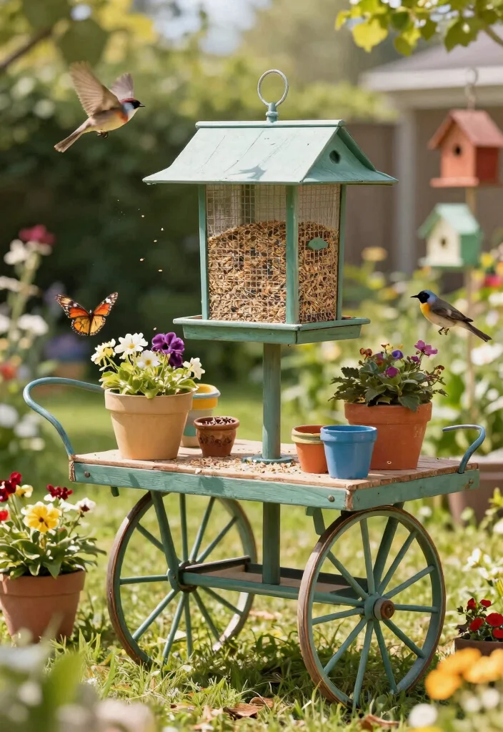 13 Charming Vintage Garden Cart Ideas Rustic Decor 12. Repurposed Bird Feeder 0