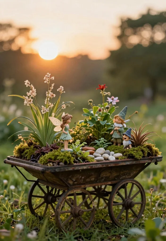 13 Charming Vintage Garden Cart Ideas Rustic Decor 4. Enchanting Fairy Garden Display 0
