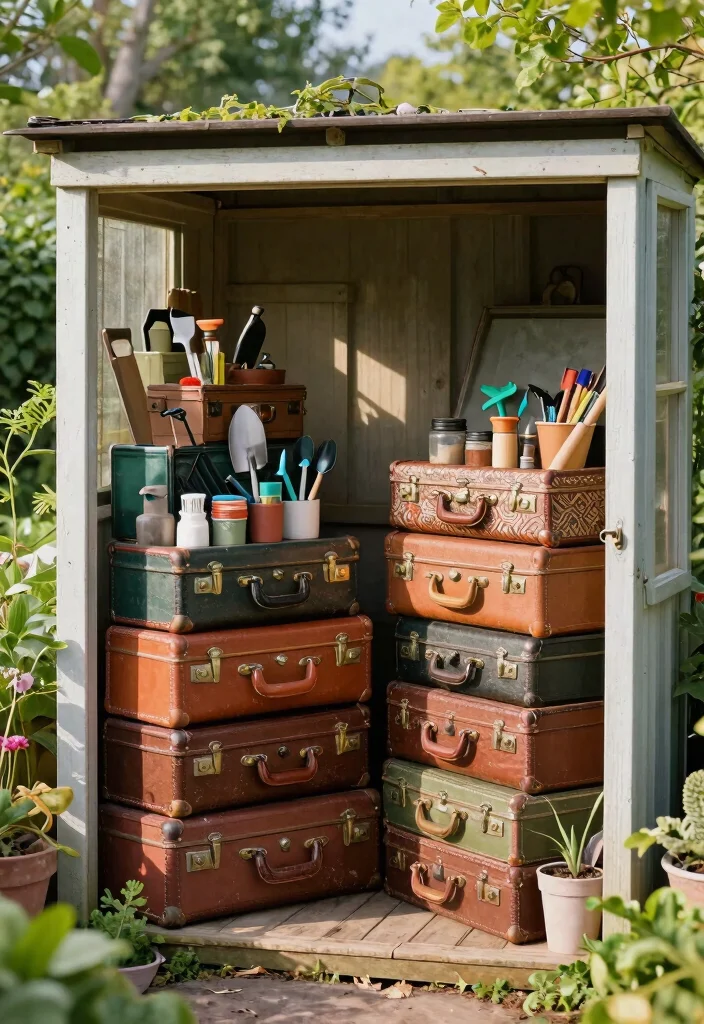 13 Heavy Duty Tool Shed Shelving Ideas DIY Builds 13. Vintage Suitcase Storage 0