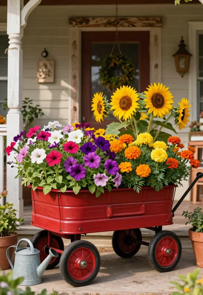 13 Nostalgic Red Wagon Garden Ideas for Front Porches 1. The Classic Flower Wagon 0