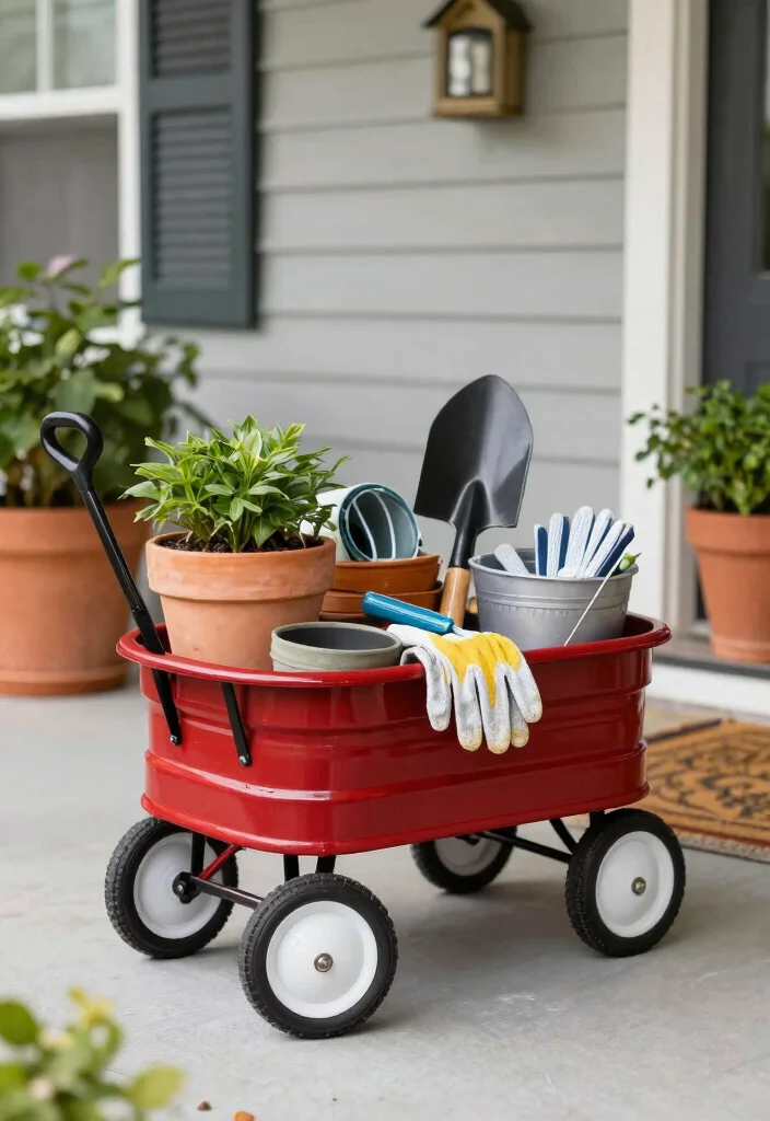 13 Nostalgic Red Wagon Garden Ideas for Front Porches 10. Wagon Garden Tool Organizer 0