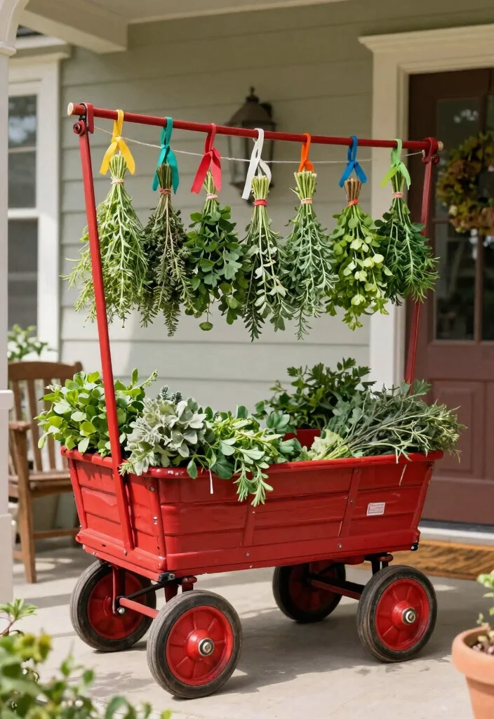 13 Nostalgic Red Wagon Garden Ideas for Front Porches 11. Wagon Herb Drying Rack 0