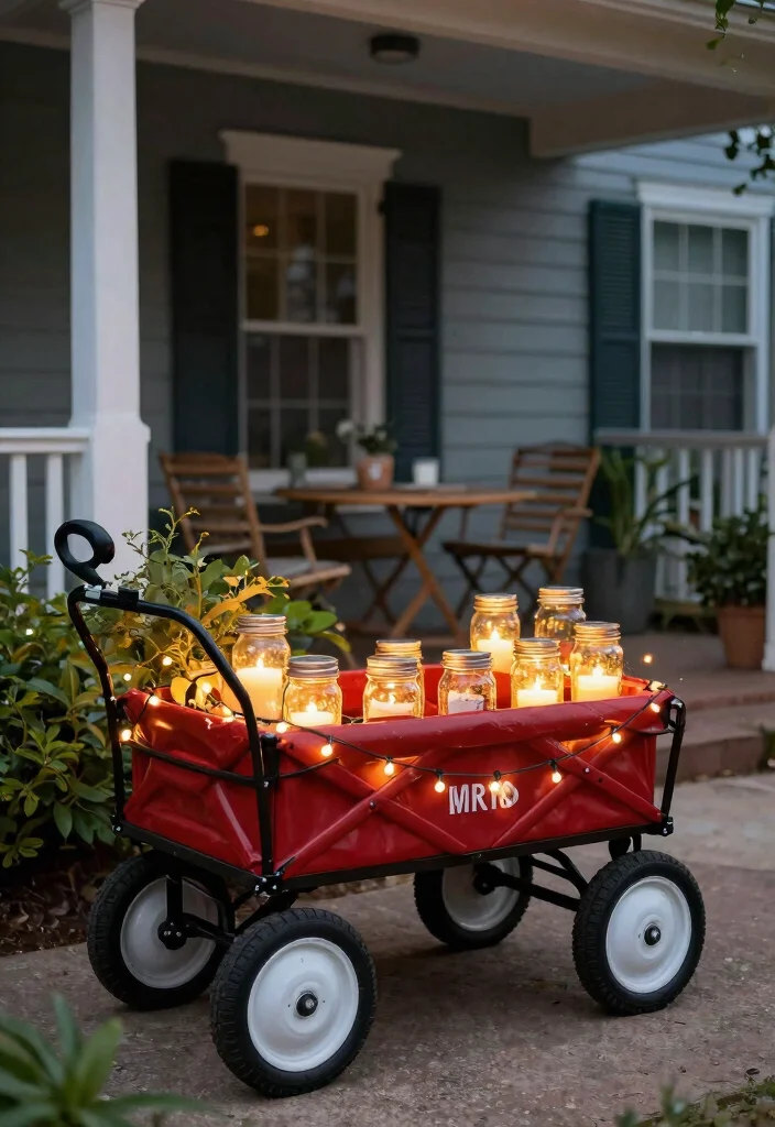 13 Nostalgic Red Wagon Garden Ideas for Front Porches 12. Wagon Lighting Accent 0