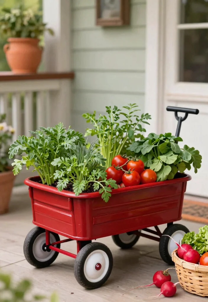 13 Nostalgic Red Wagon Garden Ideas for Front Porches 2. Edible Garden Wagon 0