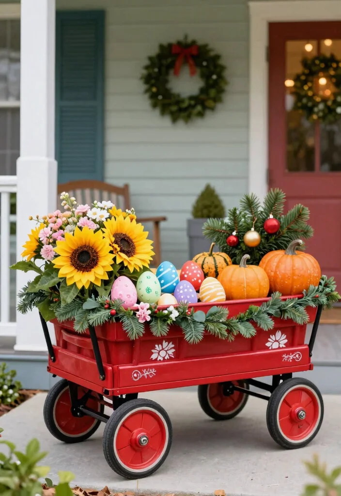 13 Nostalgic Red Wagon Garden Ideas for Front Porches 3. Seasonal Decor Wagon 0