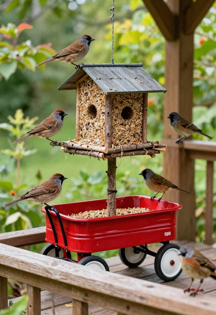 13 Nostalgic Red Wagon Garden Ideas for Front Porches 6. Wagon Style Bird Feeder 0