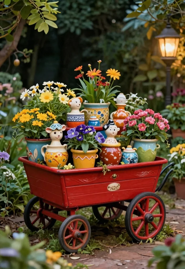 13 Nostalgic Red Wagon Garden Ideas for Front Porches 8. Wagon Garden Sculpture 0