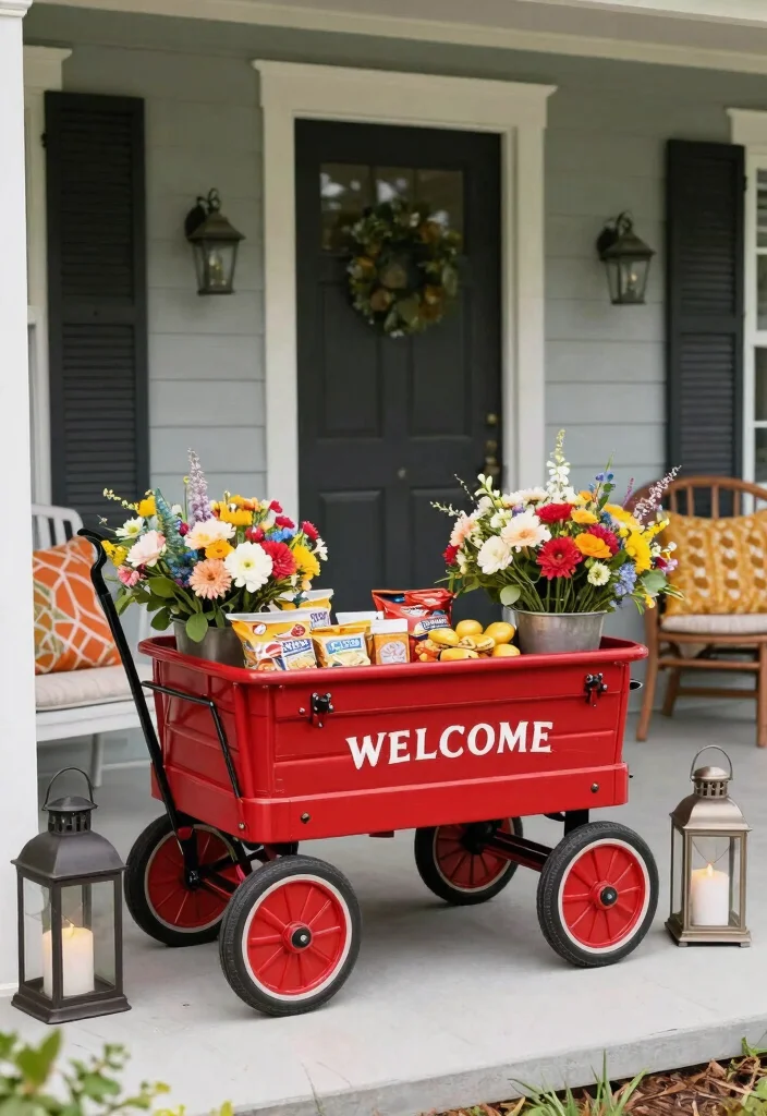 13 Nostalgic Red Wagon Garden Ideas for Front Porches 9. Wagon Welcome Centerpiece 0