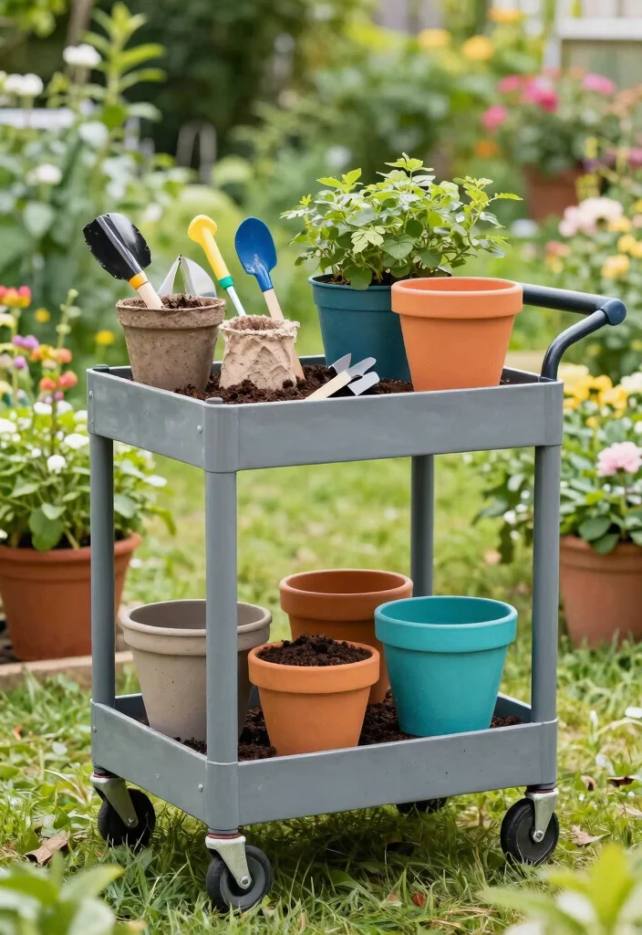 15 Beautiful Outdoor Garden Trolley Inspiration Photos 12 15 Beautiful Outdoor Garden Trolley Inspiration Photos 12. Potting Station on Wheels 0