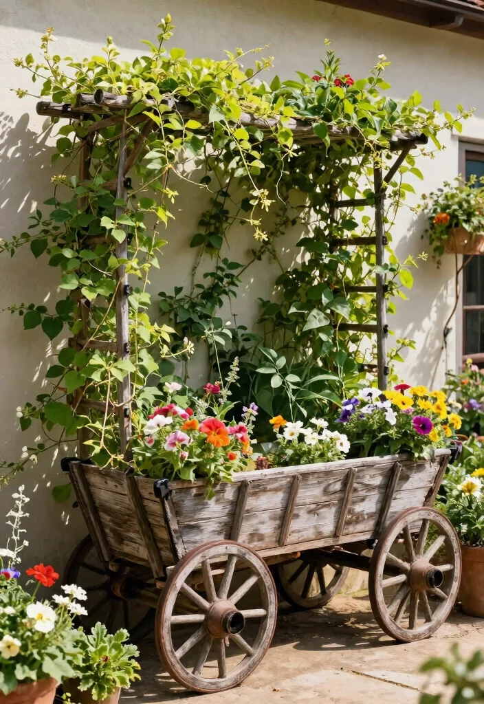 15 Clever Old Wagon Garden Ideas Upcycle Inspiration 10. Wagon Trellis for Climbing Plants 0