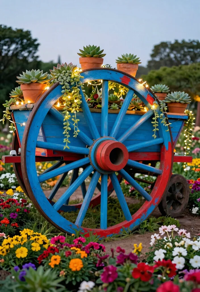 15 Clever Old Wagon Garden Ideas Upcycle Inspiration 2. Wagon Wheel Garden Sculpture 0