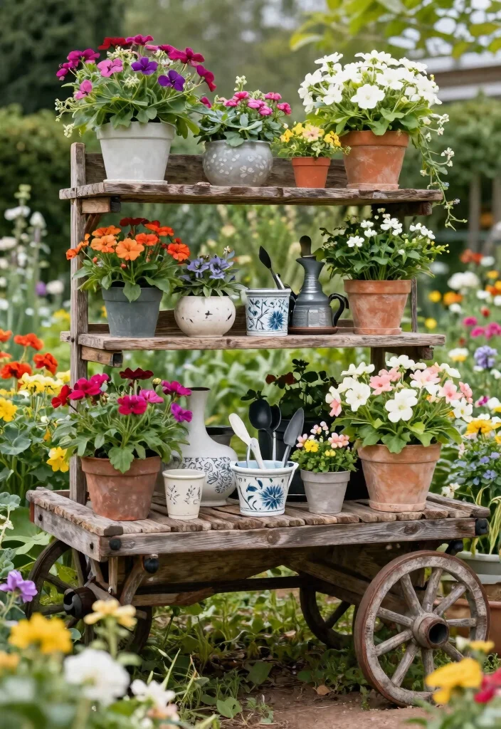 15 Clever Old Wagon Garden Ideas Upcycle Inspiration 6. Rustic Wagon Display Shelf 0
