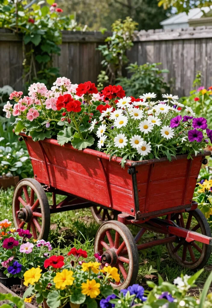 15 Creative DIY Garden Sculpture Ideas Budget Art 1. Vintage Wagon Flower Planter 0