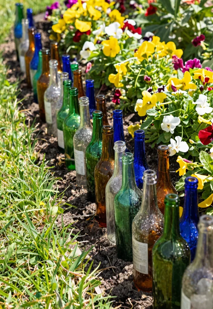 15 Creative DIY Garden Sculpture Ideas Budget Art 14. Glass Bottle Border 0