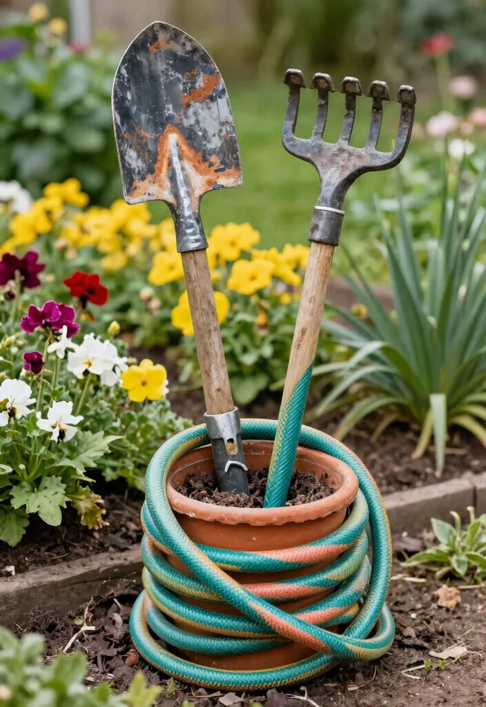 15 Smart Hose Reel Ideas to Keep Your Yard Tidy 4. Repurposed Garden Tools 0