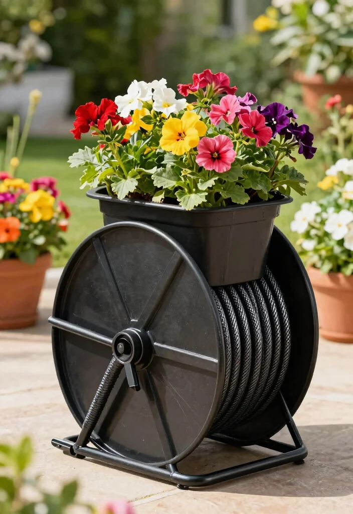 15 Smart Hose Reel Ideas to Keep Your Yard Tidy 9. Hose Reel Planters 0