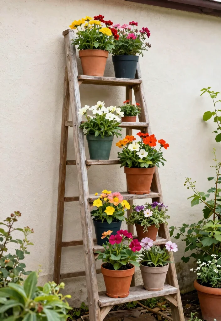 17 Stunning Cart Planter Ideas for Garden Flowers 13. DIY Ladder Planter Display 0