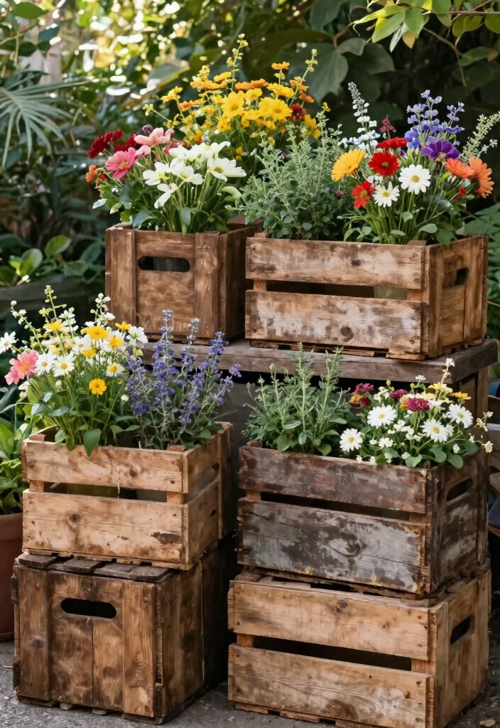 17 Stunning Cart Planter Ideas for Garden Flowers 3. Rustic Crate Planter 0