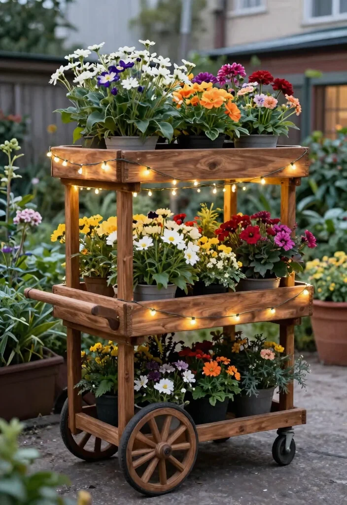 17 Stunning Cart Planter Ideas for Garden Flowers 5. Multi Tiered Garden Cart 0