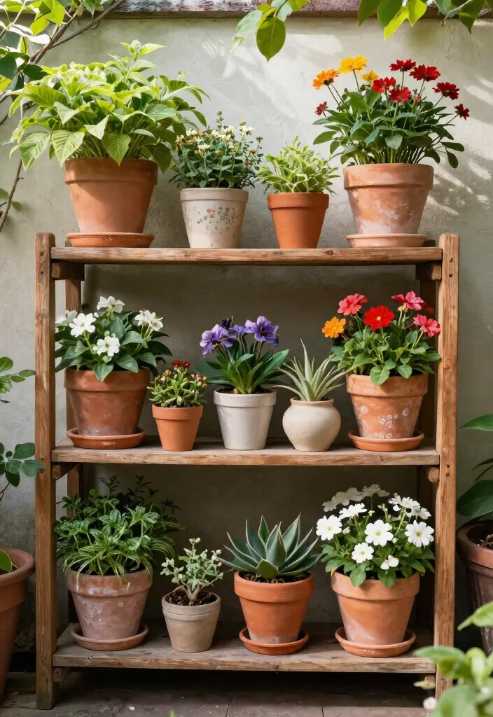17 Stunning Cart Planter Ideas for Garden Flowers 6. Garden Shelf as a Planter 0