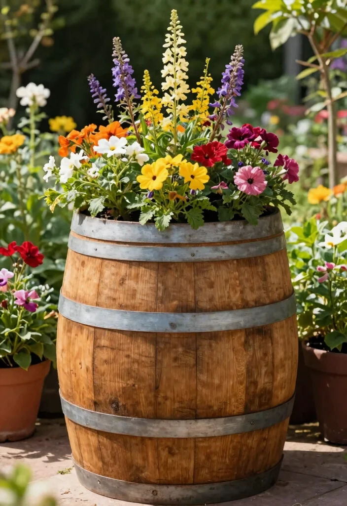 17 Stunning Cart Planter Ideas for Garden Flowers 9. Repurposed Wine Barrel Planter 0